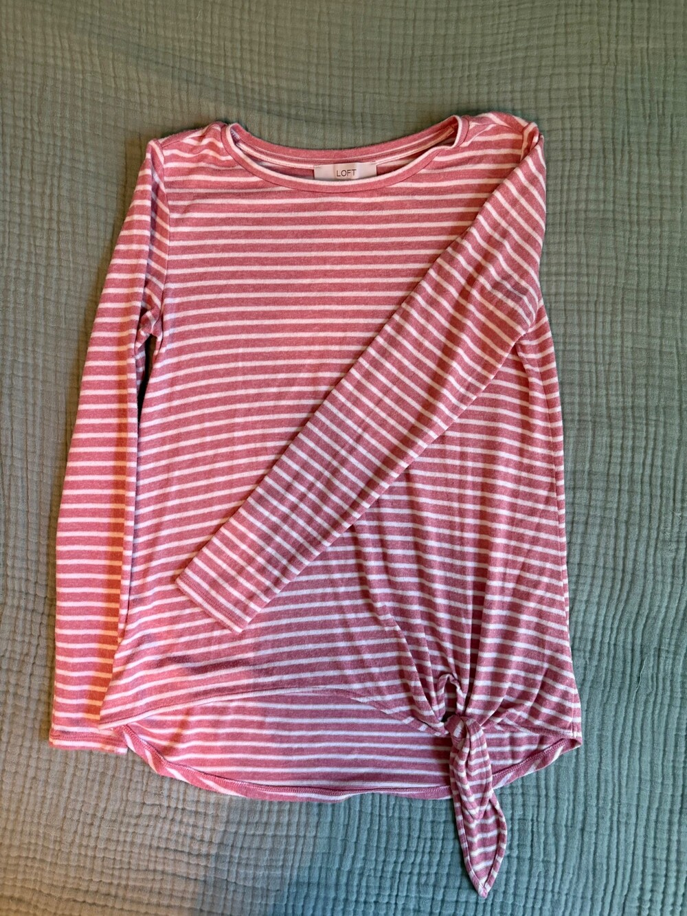 LOFT pink white striped long sleeve side tie top women’s small